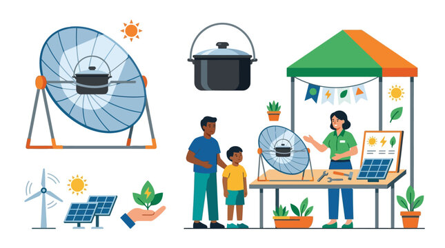 Parabolic solar cooker cooking pot for renewable energy festival workshops and alternative cooking technology demonstrations