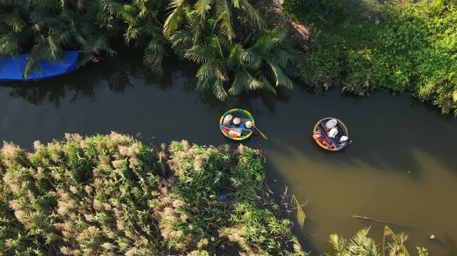 Aerial View Asian Vendors Hoian Canal. Coracle Boats Glide Past Palm Fringes, Vendors Wearing Conical Hats Selling Produce From Round Baskets, Warm Morning Light, Tranquil Market Atmosphere.