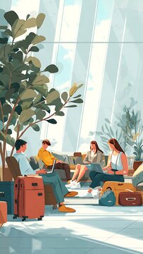 Travelers in a bright, modern airport lounge, relaxing and working on laptops while waiting for their flights, illustrating a contemporary travel experience with digital connectivity