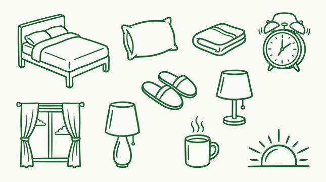 Collection of line art icons depicting various bedroom items and morning routine elements like a bed, pillow, blanket, alarm clock, slippers, lamps, window, coffee mug, and sunrise.