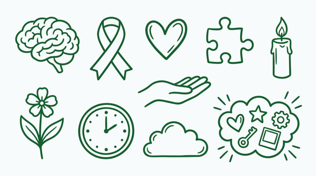 Collection of line art icons representing mental health, well-being, memory, time, and abstract concepts in a simple green outline style.