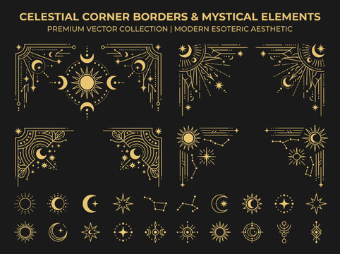 Celestial Gold Corner Borders and Mystical Esoteric Elements Collection - Sun, Moon, and Stars Vector Illustration Set for Occult, Astrology, and Bohemian Design Projects.