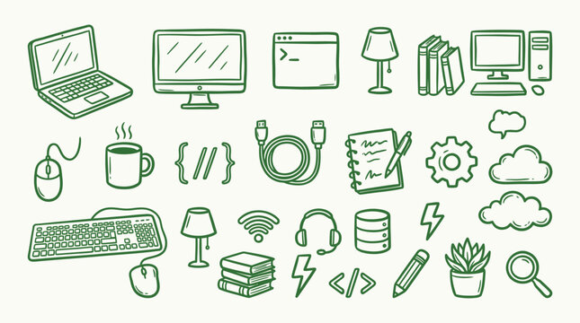 Hand-drawn doodle icons representing various technology, programming, and office work elements, including computers, coding symbols, networking, and data storage.