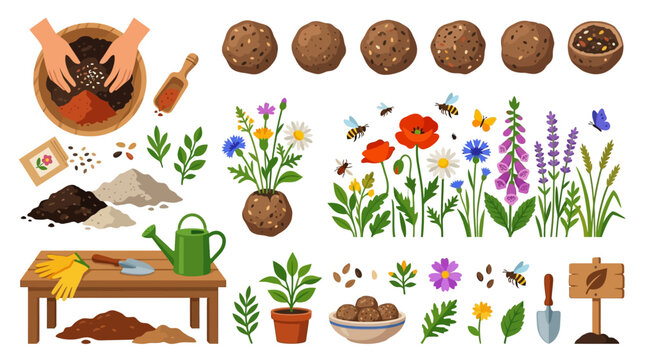 Wildflower seed bombs with clay balls for biodiversity festival workshop promotions and green guerrilla gardening assets
