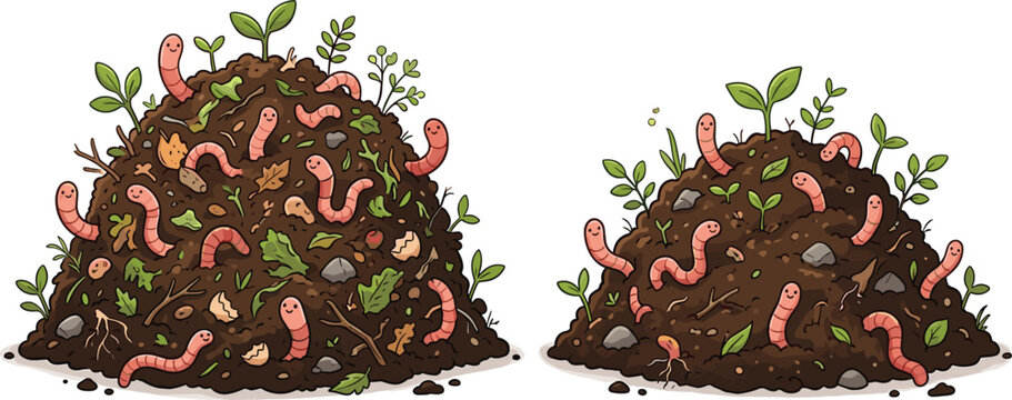 Cute cartoon earthworms crawling in rich organic compost soil piles with green plant sprouts vector illustration for composting education