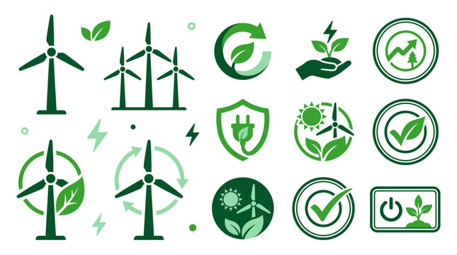Wind turbine and carbon neutral stamp outlines for clean energy logo assets and eco certification graphic branding