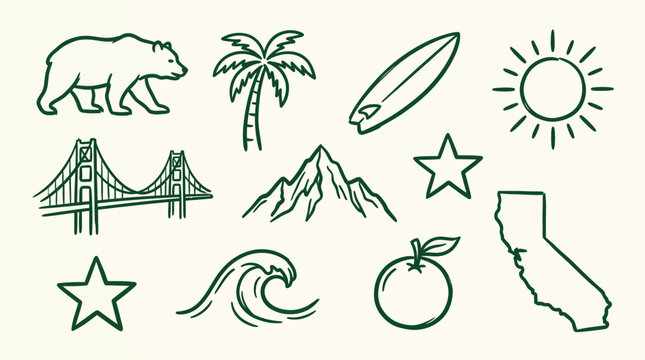 Collection of hand-drawn line art icons representing California's famous landmarks, nature, and symbols, including a bear, bridge, mountains, and the state outline.
