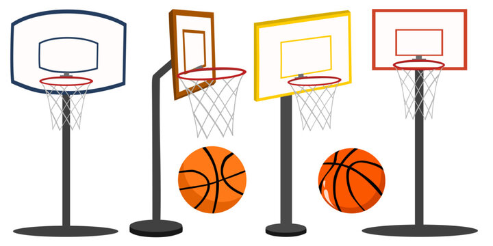a set of basketball hoops, various types of basketball hoops from different perspectives