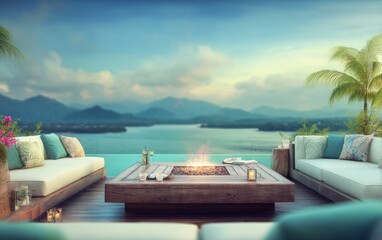 Obraz premium Serene Outdoor Lounge Area with Cozy Fire Pit Overlooking Calm Waters and Majestic Mountains at Sunset