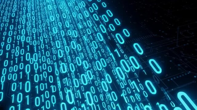 Digital Data Stream - Abstract Blue Binary Code Flowing Through Circuit Board