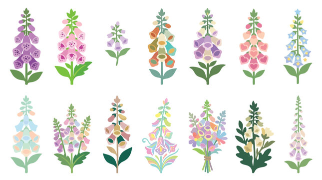 Collection of colorful digitalis flowers in various pastel shades, isolated on a white background.