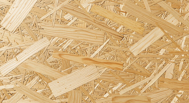 Close up oriented strand board OSB panel texture with natural wood flakes High resolution background for construction and interior design projects