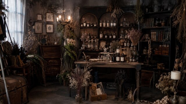 Vintage Apothecary Workshop with Dried Herbs and Glass Bottles