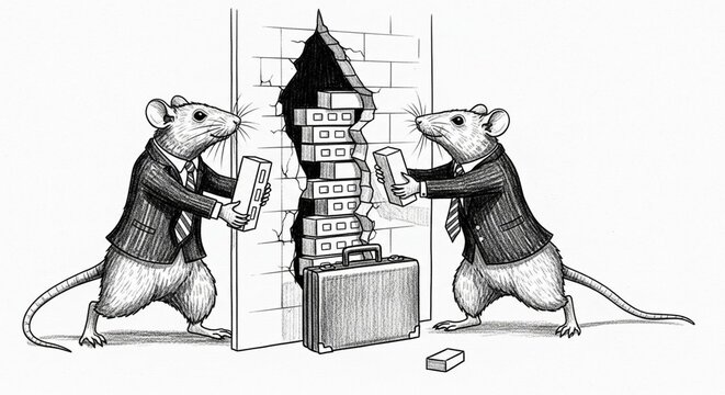Two business rats building a precarious block tower together.