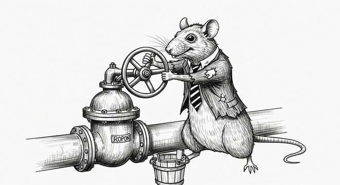 Whimsical illustration of rat operating large water valve.