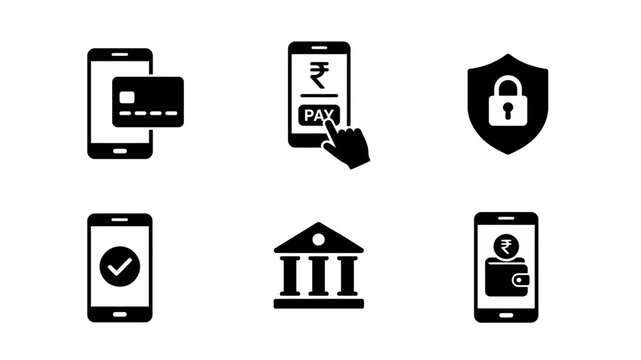 Secure mobile banking and digital payment process workflow icons featuring Rupee currency and bank transaction steps