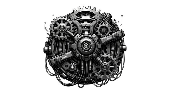Intricate mechanical gears and cogs illustration. Complex industrial machinery mechanism design in metallic tones, steampunk style.