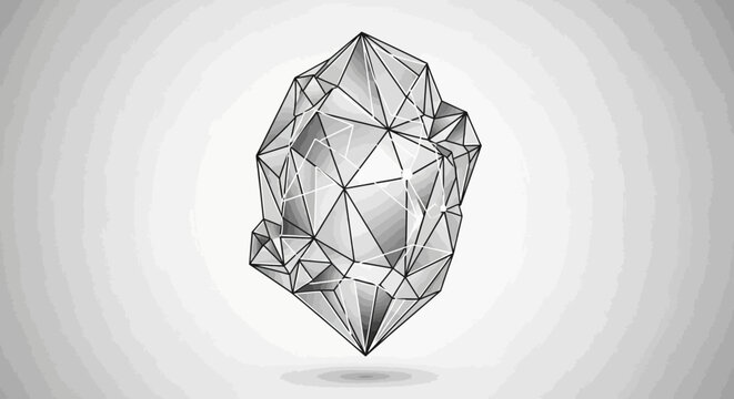 Abstract geometric low poly crystal shape illustration. Modern monochrome polygonal 3D object with facets and lines on a light grey background.