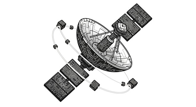 Detailed sketch of a communication satellite with solar panels and parabolic antenna, illustrating global technology and space exploration.