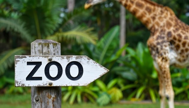 A giraffe stands by a zoo sign, emphasizing wildlife rehabilitation and conservation efforts in an urban setting