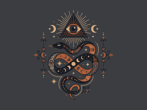 Occult Mystical Snake Illustration with All-Seeing Eye, Moon Phases, and Celestial Alchemy Symbols on Dark Background