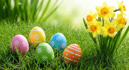 Fototapeta premium Festive easter eggs in fresh green grass with bright daffodils perfect for spring celebrations and joyful holiday greetings