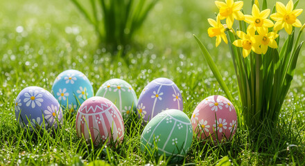 Fototapeta premium Pastel easter eggs resting on soft green grass perfect for spring holiday celebrations joyful greetings and festive plans
