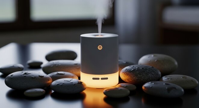 Compact aromatherapy diffuser emitting a subtle mist surrounded by smooth stones, creating a relaxing ambiance.