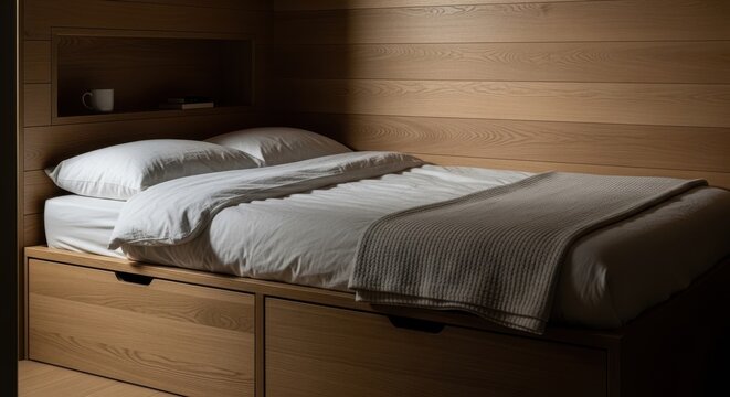 Cozy modern micro sleeping area featuring a platform bed frame with built-in storage and warm wood paneling