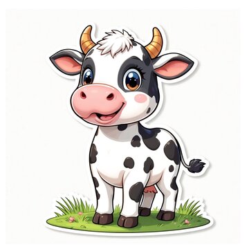 Cute cartoon cow illustration with playful and friendly character design. Adorable farm animal artwork featuring simple shapes and colorful style, perfect for children&rsquo;s books, nursery decor, educatio