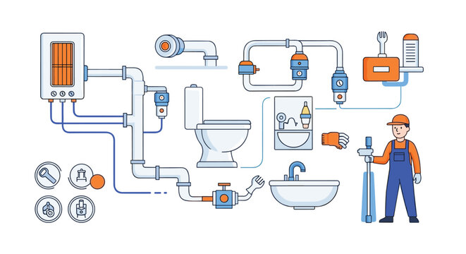 Professional plumber in uniform stands next to a complex system of water pipes, a toilet, a sink, and heating equipment icons.