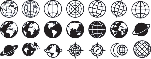World map icons display various spherical projections and planetary motifs for modern cartographic design applications. © Md