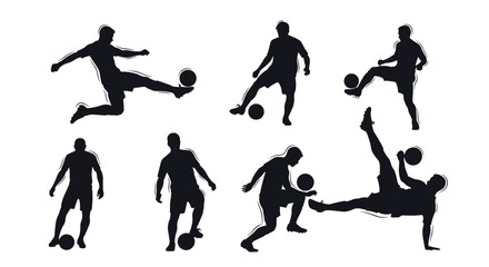 Obraz premium Collection of black silhouettes of soccer players in dynamic poses like kicking, dribbling, and jumping with balls on white background.