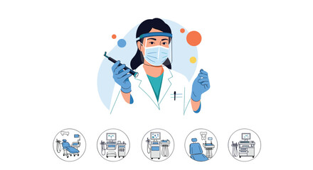 Fototapeta premium Female dentist wearing a face shield and mask holds a dental tool, surrounded by circular icons of clinical chairs and medical machinery.