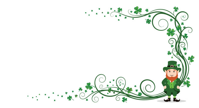 Cheerful leprechaun character standing next to elaborate green vine scrolls adorned with lucky clovers for Saint Patricks Day celebration.