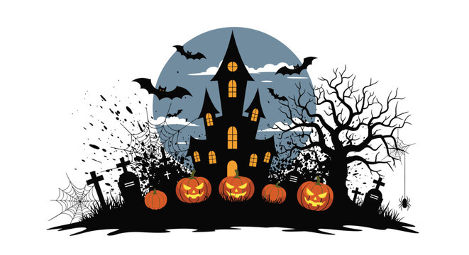 Spooky Halloween landscape with a haunted castle, glowing jack o lanterns, flying bats, and a barren tree under a full moon at night.