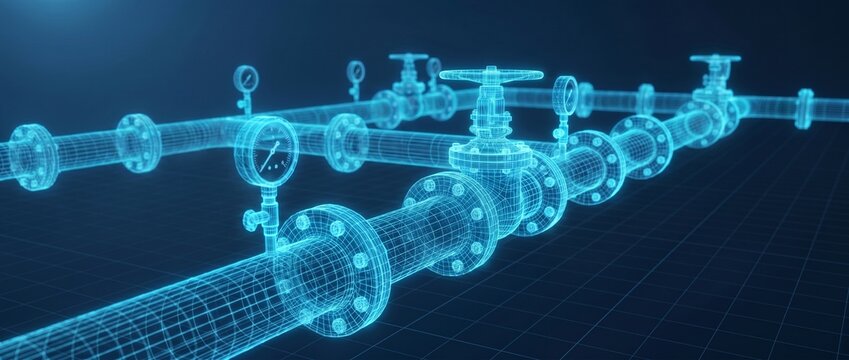  Glowing blue 3D wireframe hologram of an industrial pipeline system with valves and pressure gauges. For Digital twin and CAD engineering concept