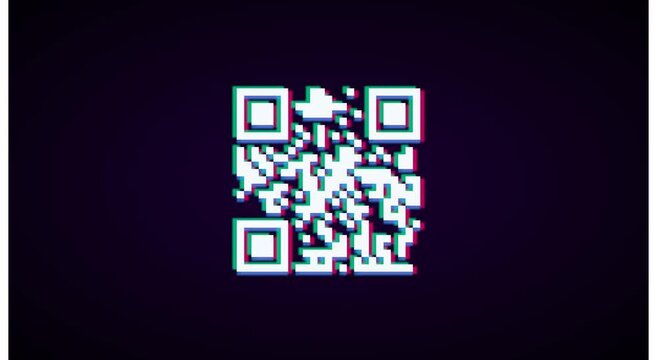 Glitch effect qr code animation on dark animation background