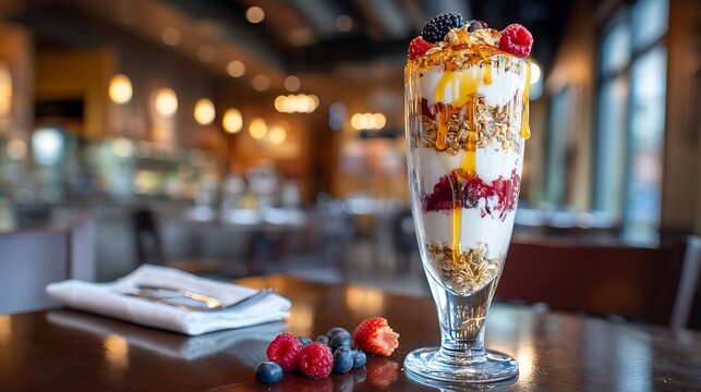 A tall parfait with berries and granola sits on a table in a blurred cafe
