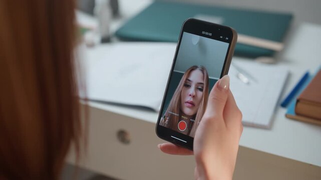 Student desk video call grammar practice with tutor on smartphone screen coaching pronunciation and sentence structure, overshoulder closeup, notebooks and pen on desk, warm natural light, calm
