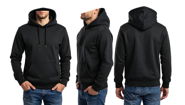 Set of black hooded sweatshirts shown from front, side, and back views on male models wearing denim jeans, isolated on white background