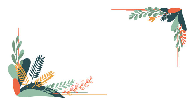 Beautiful floral corner frame features various leafy branches and autumn colored foliage for a natural border design.
