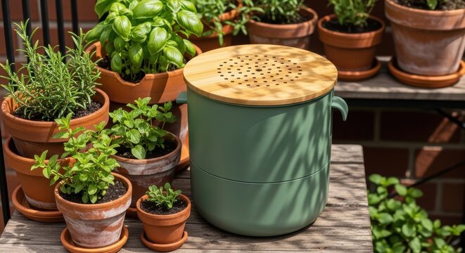 Compact green kitchen composter with a natural bamboo lid surrounded by potted herbs and plants, perfect for sustainable home waste management.