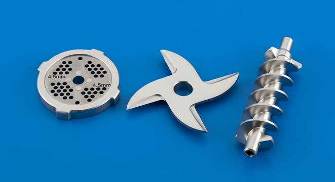 Essential Metal Parts of a Meat Grinder Grinding Plate, Sharp Blade, and Spiral Auger, Neatly Arranged on a Clean Blue Background, Ready for Food Preparation and Mincing Tasks