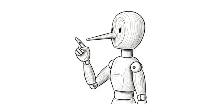 Whimsical wooden puppet with long nose pointing outward.
