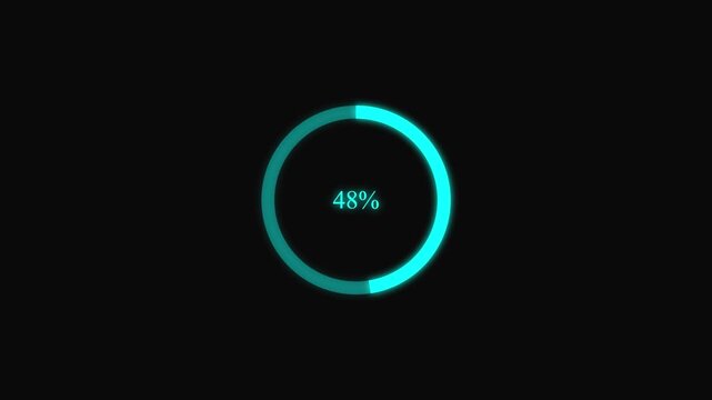 Cyan circular loading progress bar animation with glowing neon ring showing percentage counter from zero to hundred on black background for digital interface design and software development
