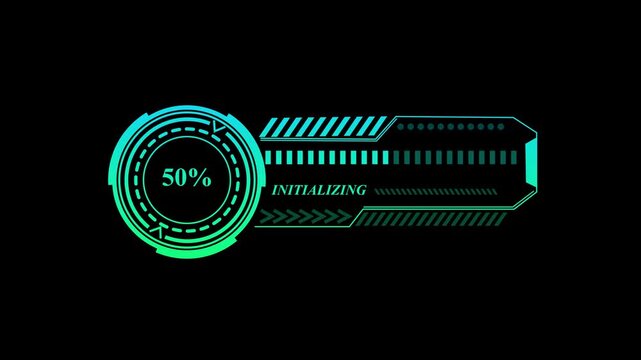 Initializing text with digital HUD elements on black background displaying progress bar with percentage in futuristic circular interface, motion graphic for technology and data processing