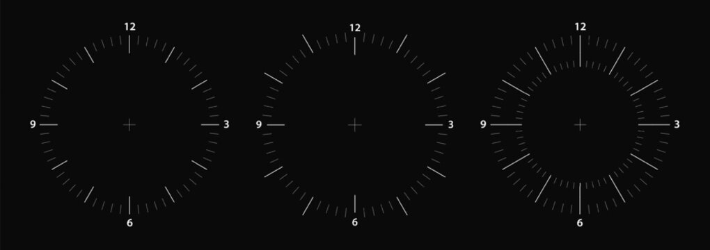 Compass clock face, earthquake radar screen. Pulse measure, focus timer scale. Light dial effect on military timeline watch. 360 gps sonar direction hud with outline interface. Vintage analog clock