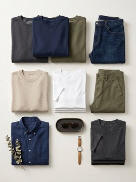 A thoughtfully curated collection of versatile men's clothing essentials, featuring a minimalist and stylish casual wardrobe for modern everyday fashion and comfort