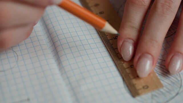 Closeup hands sketching measured circles with ruler and pencil on graph paper, careful shading and straight lines, focused study session and technical practice, neat manicure visible, disciplined